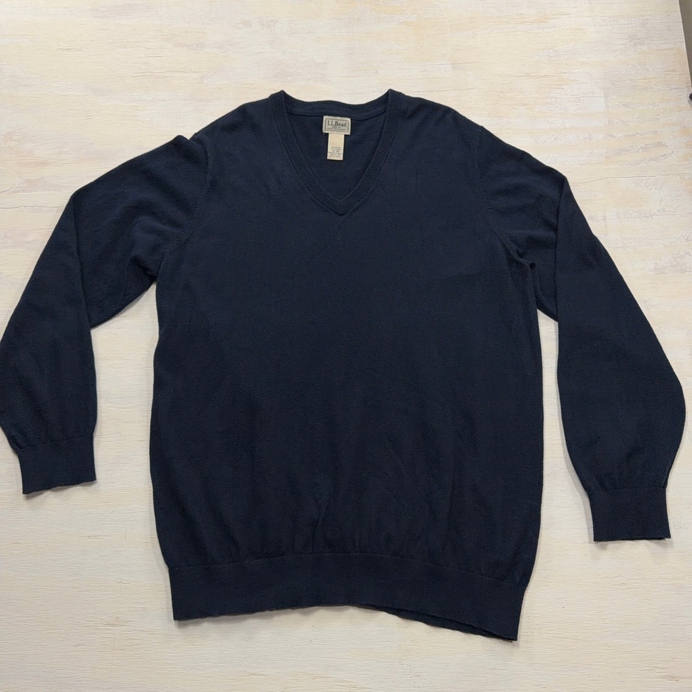 LL Bean Sweater V-Neck Cotton Cashmere Blend Navy Blue Mens XXL-REG